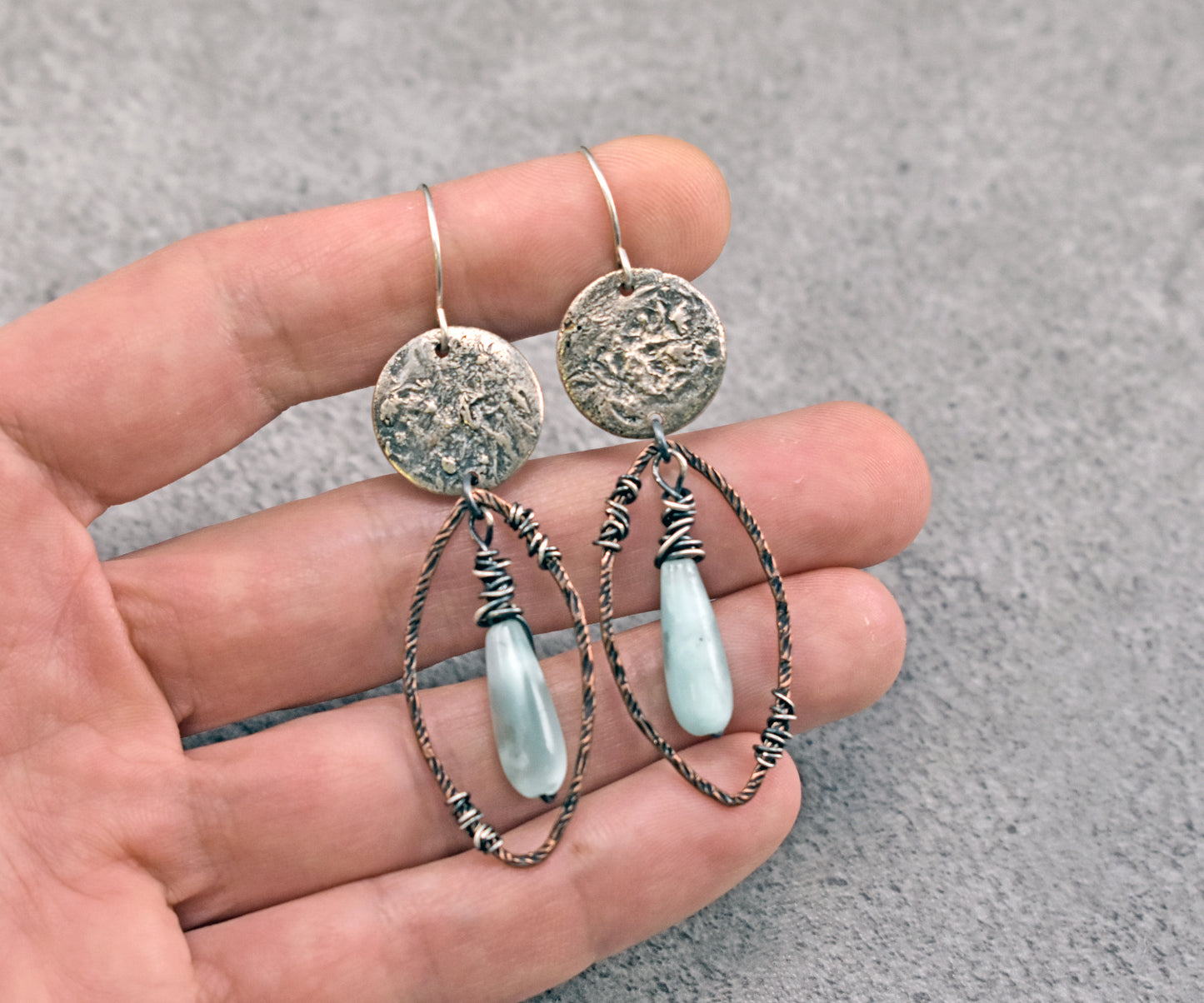 Chatoyant Green Moonstone Mixed Metal Earrings, Sterling Silver on Copper, Rustic Unique Jewelry
