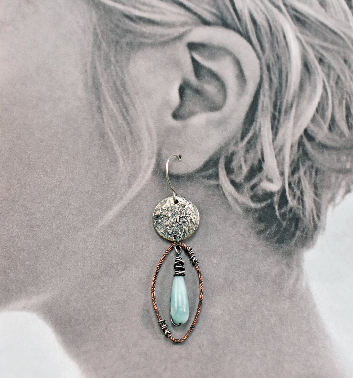 Chatoyant Green Moonstone Mixed Metal Earrings, Sterling Silver on Copper, Rustic Unique Jewelry