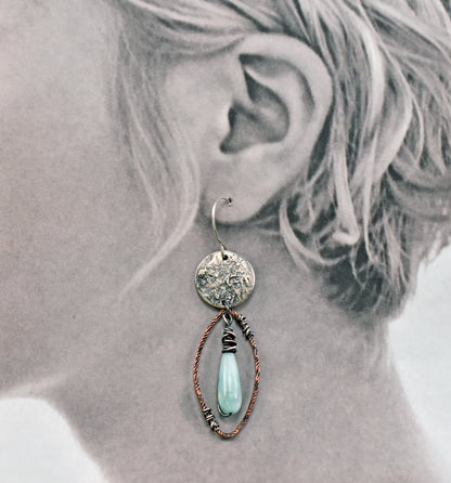 Chatoyant Green Moonstone Mixed Metal Earrings, Sterling Silver on Copper, Rustic Unique Jewelry