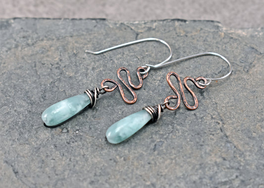 Green Moonstone Mixed Metal Earrings, Rustic Copper Twisted Wire and Sterling Silver Jewelry