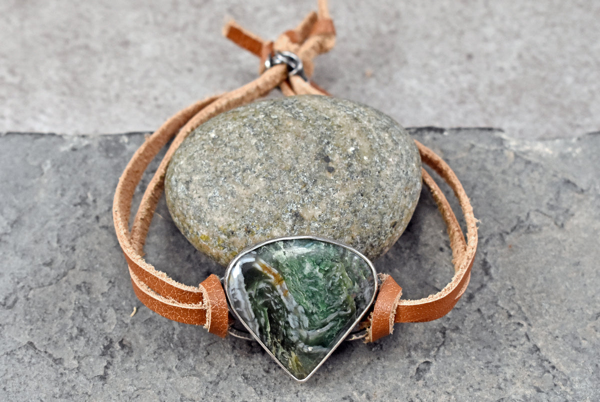 Horse Canyon Agate, Sterling Silver and Leather Slider Bracelet, Green Gemstone Handmade ArtisanJewelry