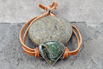 Horse Canyon Agate, Sterling Silver and Leather Slider Bracelet, Green Gemstone Handmade ArtisanJewelry
