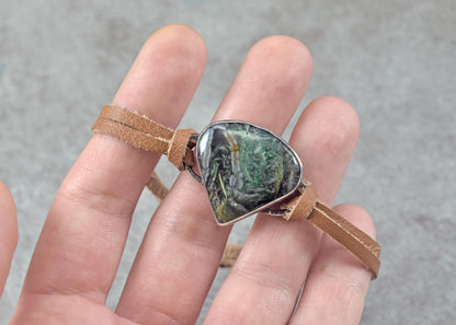 Horse Canyon Agate, Sterling Silver and Leather Slider Bracelet, Green Gemstone Handmade ArtisanJewelry