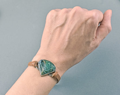 Horse Canyon Agate, Sterling Silver and Leather Slider Bracelet, Green Gemstone Handmade ArtisanJewelry