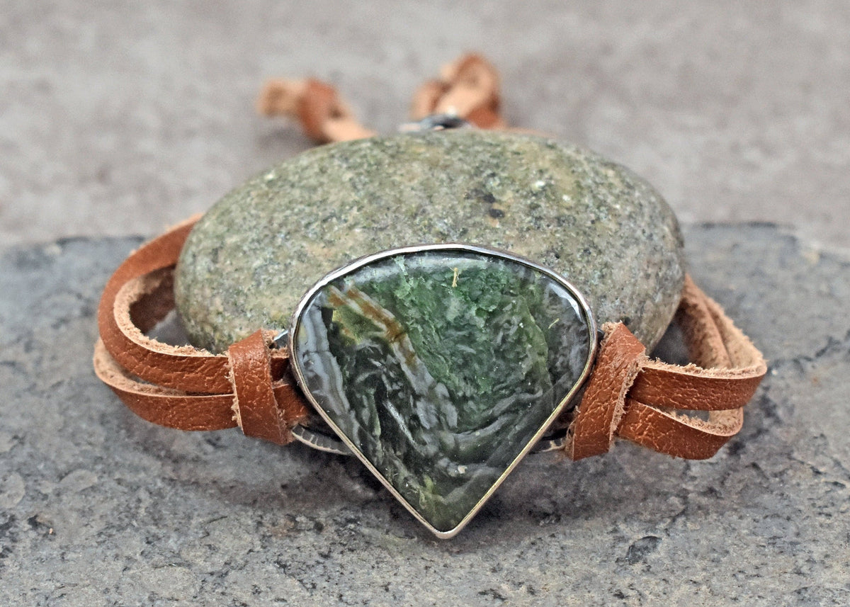 Horse Canyon Agate, Sterling Silver and Leather Slider Bracelet, Green Gemstone Handmade ArtisanJewelry