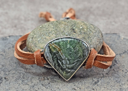 Horse Canyon Agate, Sterling Silver and Leather Slider Bracelet, Green Gemstone Handmade ArtisanJewelry