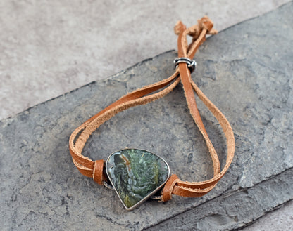 Horse Canyon Agate, Sterling Silver and Leather Slider Bracelet, Green Gemstone Handmade ArtisanJewelry