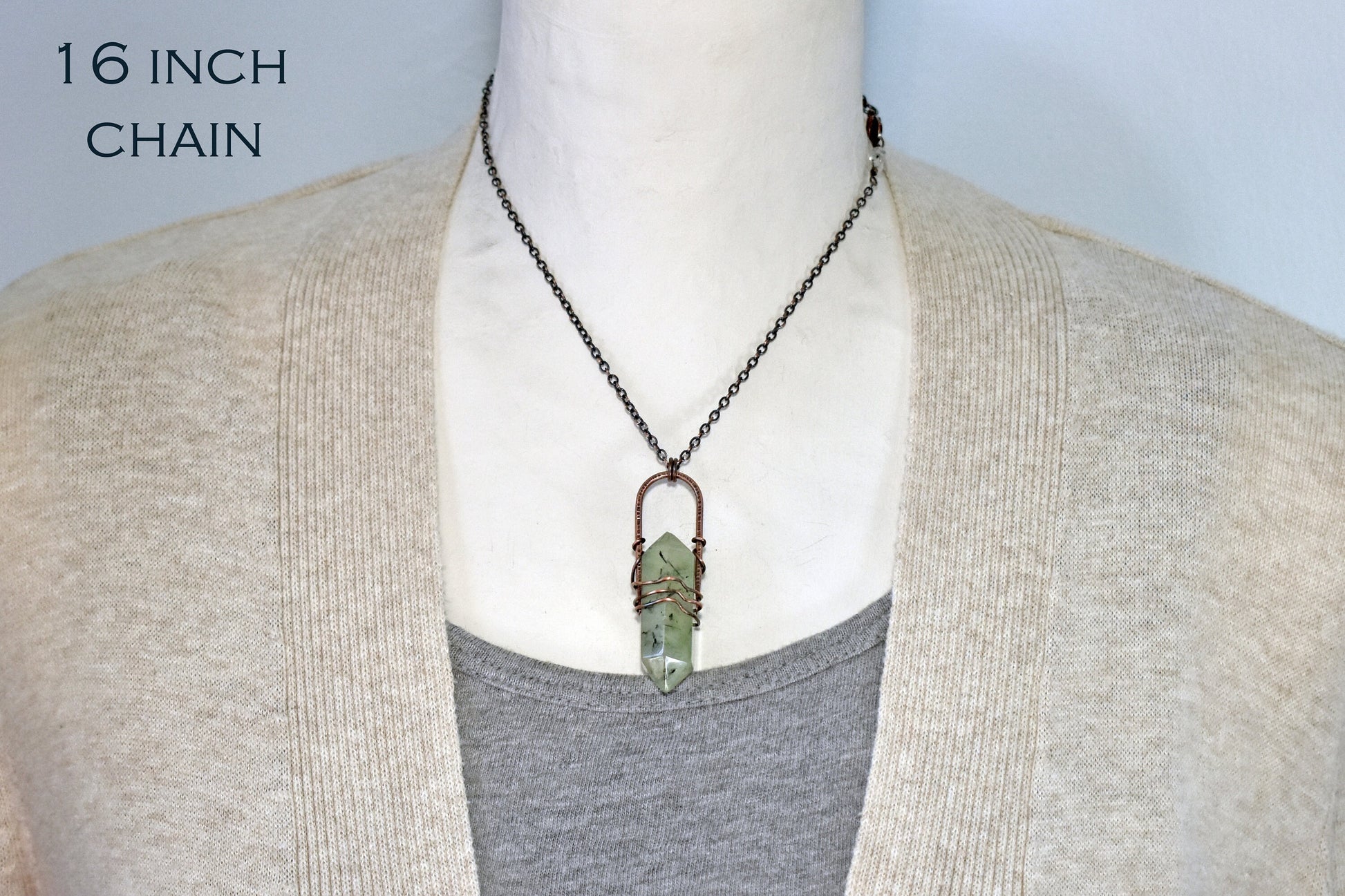 Prehnite Crystal Necklace, Double Terminated Green Stone Pendant, Rustic Copper Wire Jewelry, Natural Gemstone