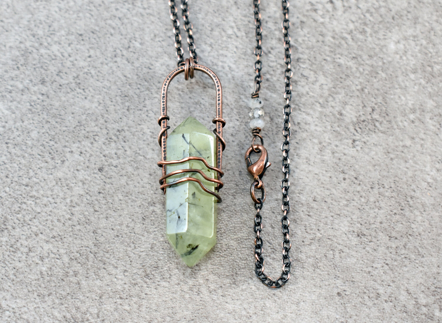 Prehnite Crystal Necklace, Double Terminated Green Stone Pendant, Rustic Copper Wire Jewelry, Natural Gemstone