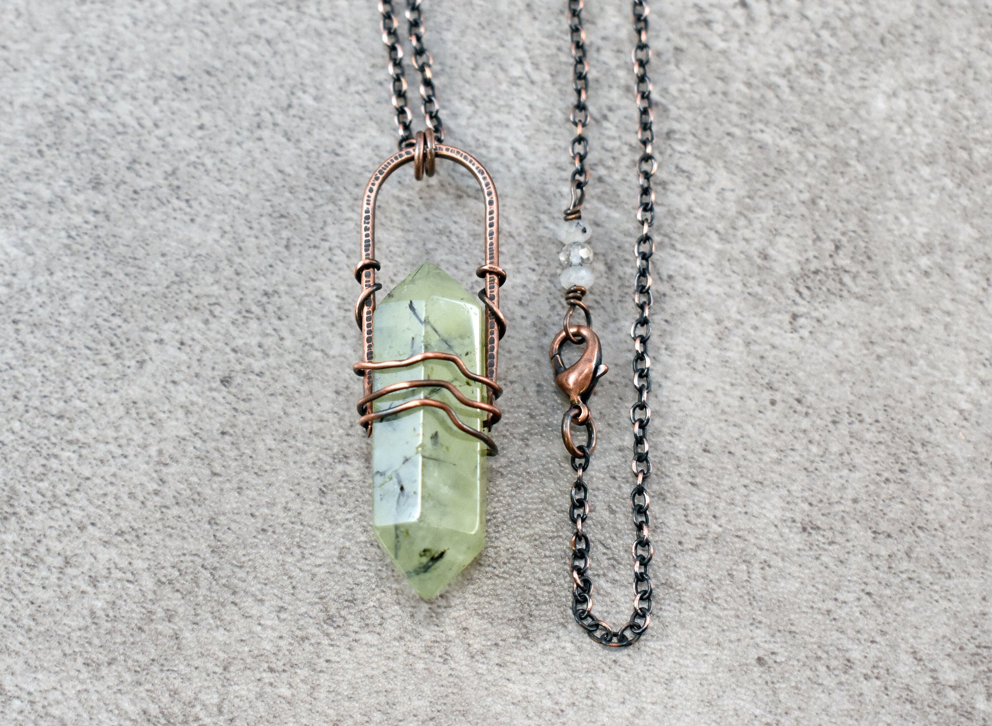 Prehnite Crystal Necklace, Double Terminated Green Stone Pendant, Rustic Copper Wire Jewelry, Natural Gemstone