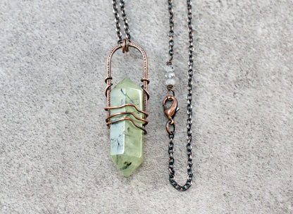 Prehnite Crystal Necklace, Double Terminated Green Stone Pendant, Rustic Copper Wire Jewelry, Natural Gemstone