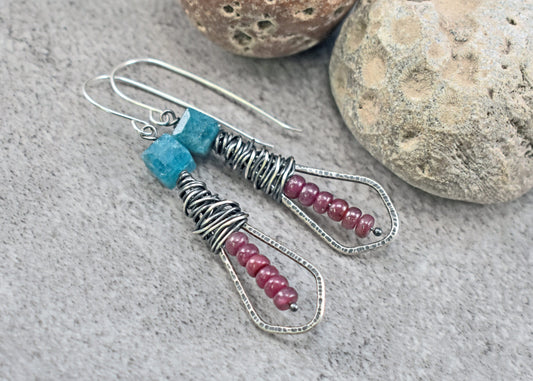 Raw Apatite and Ruby Earrings, Rustic Sterling Silver Gemstone Dangles, Blue and Pink Stones, Unique Artisan Wire Jewelry Handmade