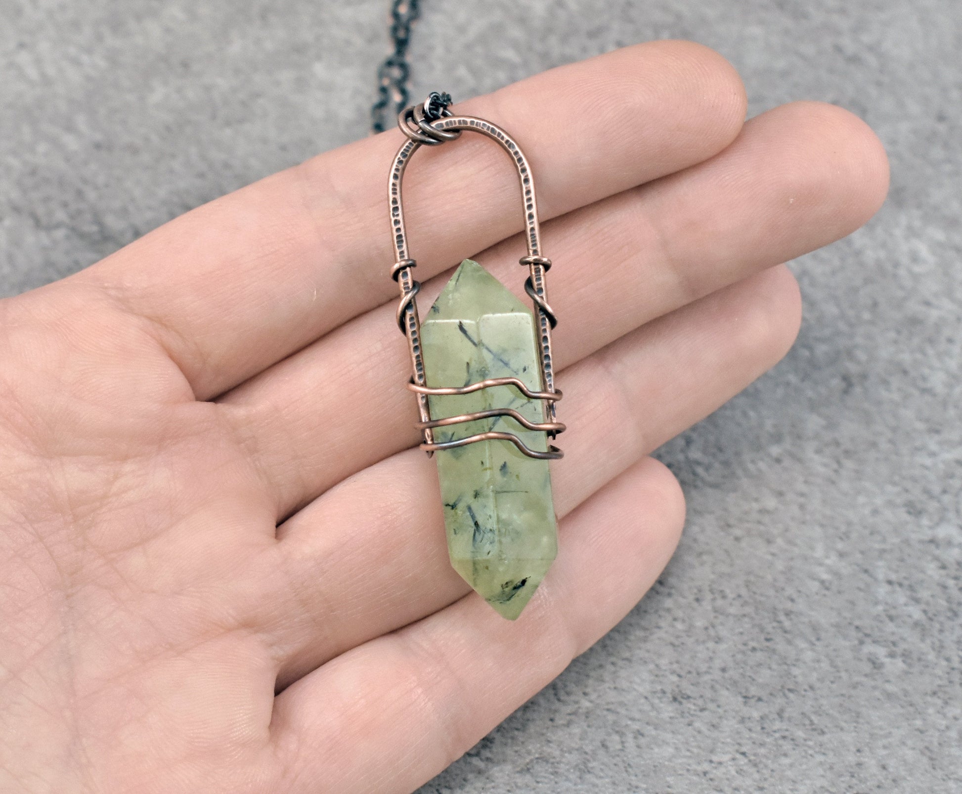 Prehnite Crystal Necklace, Double Terminated Green Stone Pendant, Rustic Copper Wire Jewelry, Natural Gemstone