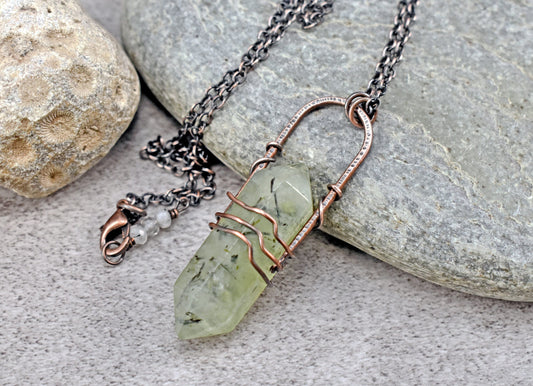 Prehnite Crystal Necklace, Double Terminated Green Stone Pendant, Rustic Copper Wire Jewelry, Natural Gemstone