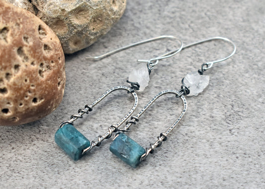 Raw Apatite and Quartz Earrings, Rustic Sterling Silver Rough Gemstone Dangles, Unique Artisan Crystal Wire Jewelry Handmade