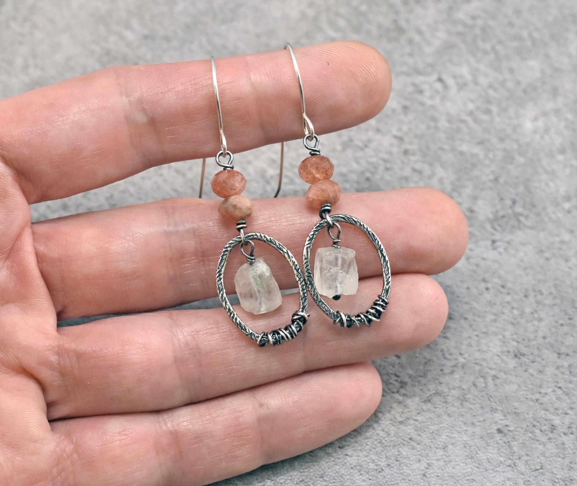 Raw Sunstone Earrings, Prehnite Sterling Silver Dangles, Natural Rough Orange Green Gemstone Dangles, Unique Artisan Oval Jewelry