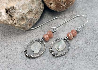 Raw Sunstone Earrings, Prehnite Sterling Silver Dangles, Natural Rough Orange Green Gemstone Dangles, Unique Artisan Oval Jewelry