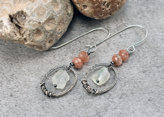 Raw Sunstone Earrings, Prehnite Sterling Silver Dangles, Natural Rough Orange Green Gemstone Dangles, Unique Artisan Oval Jewelry