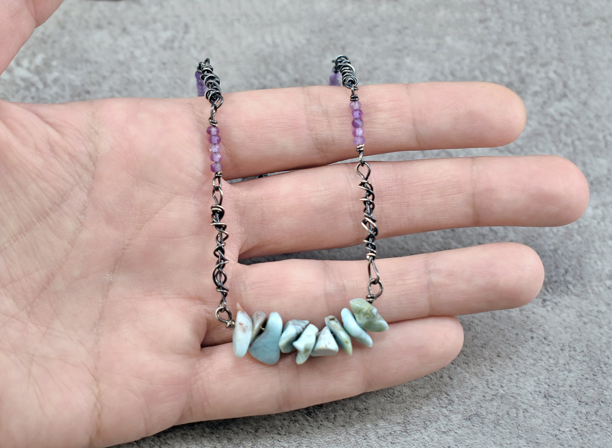 Larimar and Amethyst Sterling Silver Necklace, Natural Light Blue and Purple Gemstone, Rustic Oxidized Jewelry Handmade