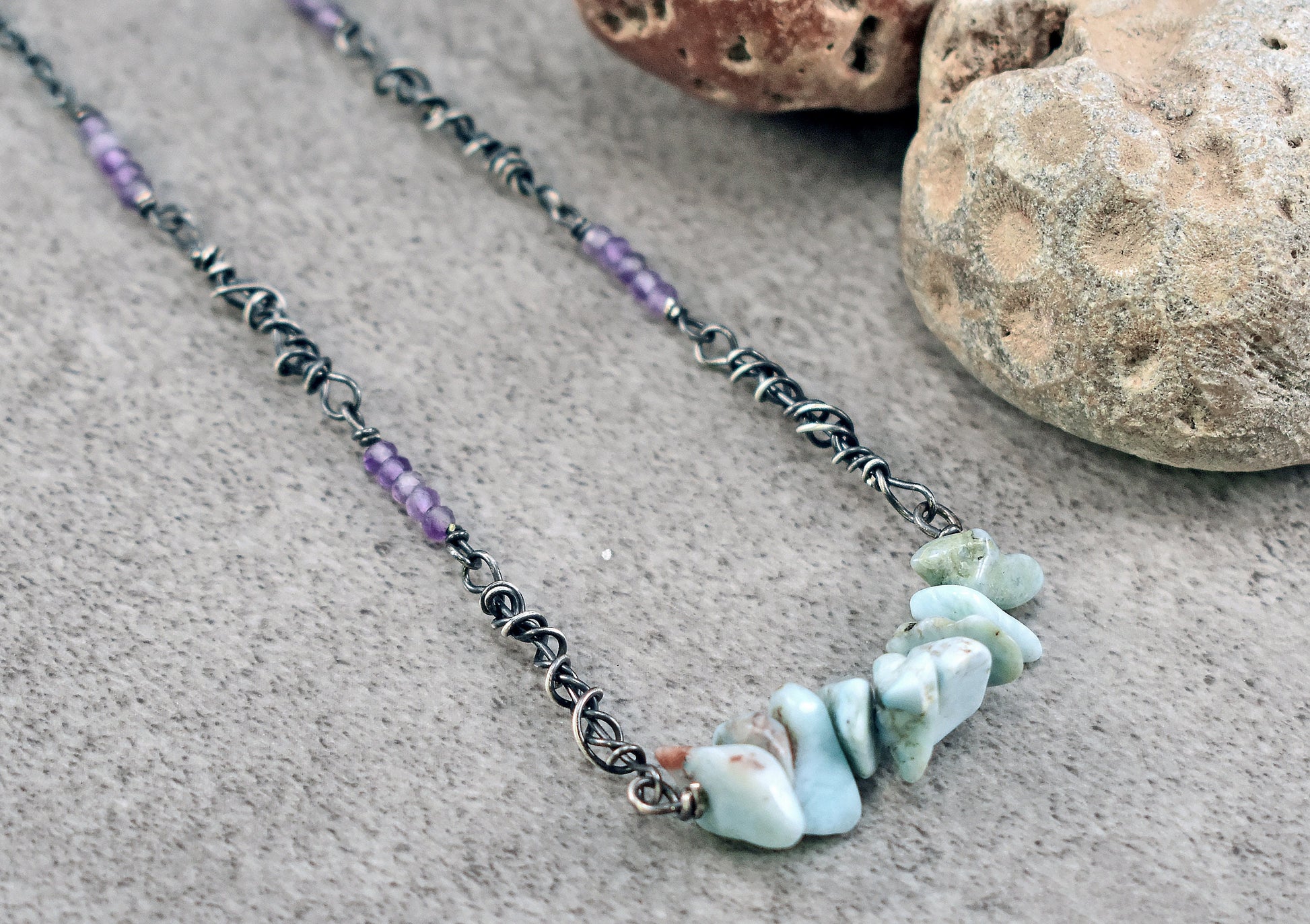 Larimar and Amethyst Sterling Silver Necklace, Natural Light Blue and Purple Gemstone, Rustic Oxidized Jewelry Handmade