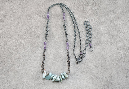 Larimar and Amethyst Sterling Silver Necklace, Natural Light Blue and Purple Gemstone, Rustic Oxidized Jewelry Handmade