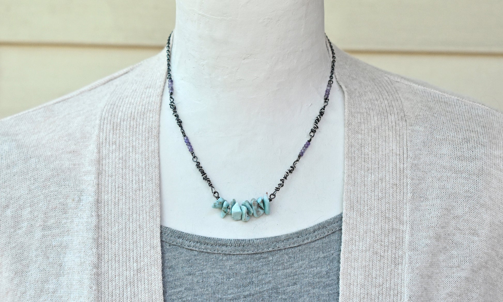 Larimar and Amethyst Sterling Silver Necklace, Natural Light Blue and Purple Gemstone, Rustic Oxidized Jewelry Handmade