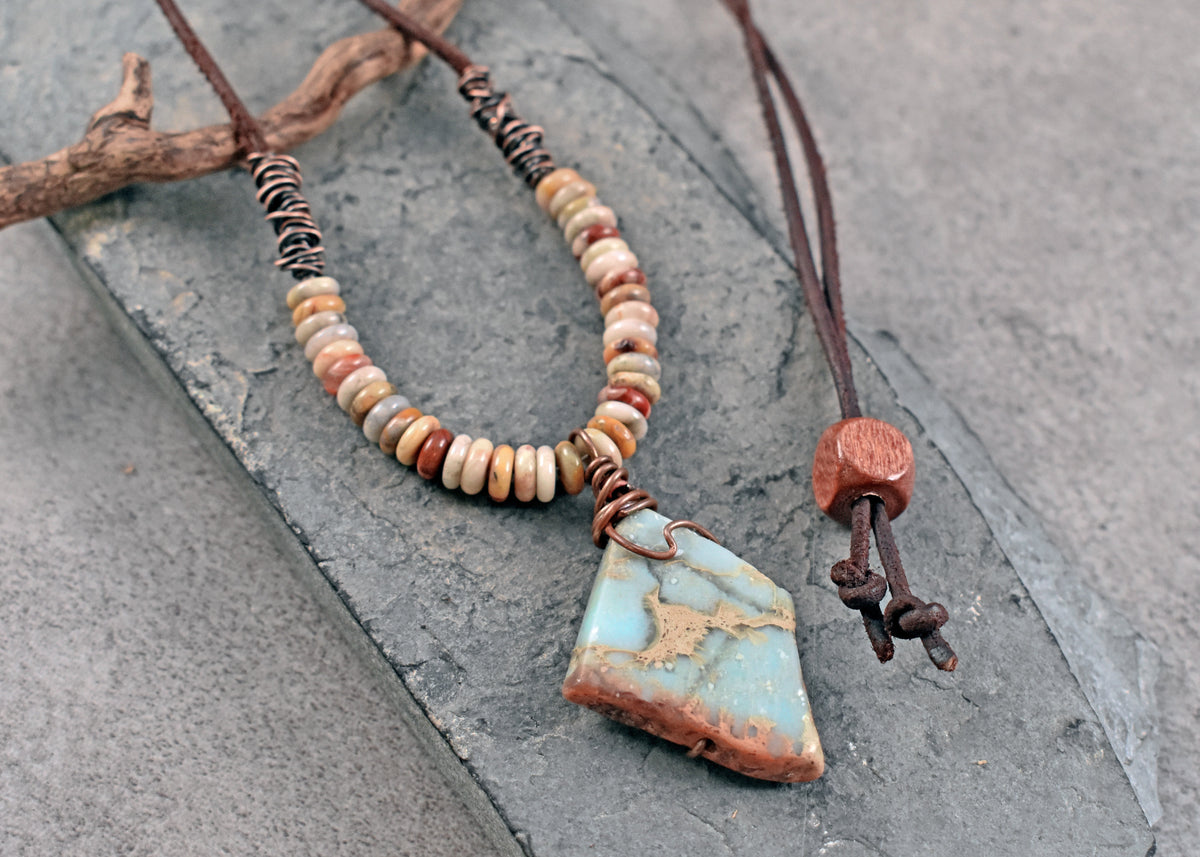 Impression Jasper, Crazy Lace Agate, Leather and Copper Necklace, Light Blue Stone Pendant, Earthy Unique Artisan Jewelry