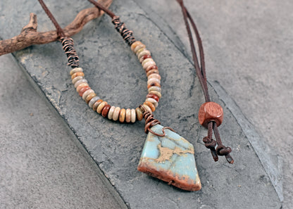 Impression Jasper, Crazy Lace Agate, Leather and Copper Necklace, Light Blue Stone Pendant, Earthy Unique Artisan Jewelry