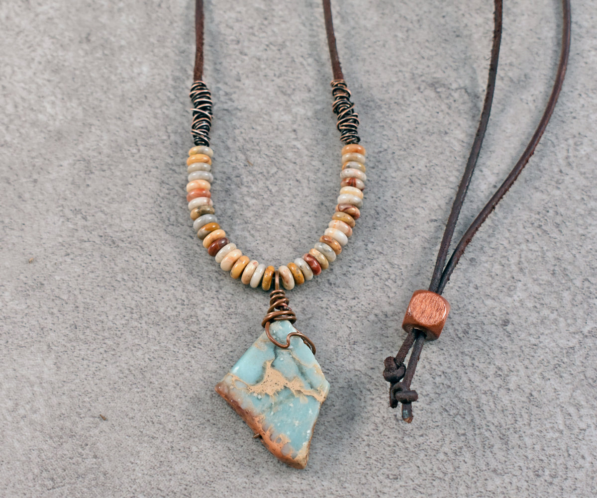 Impression Jasper, Crazy Lace Agate, Leather and Copper Necklace, Light Blue Stone Pendant, Earthy Unique Artisan Jewelry