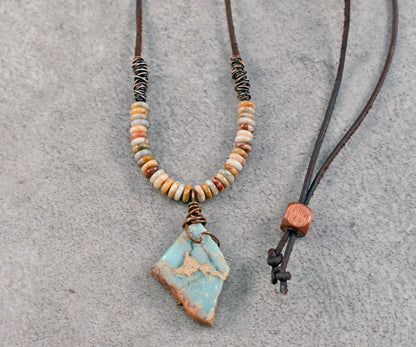 Impression Jasper, Crazy Lace Agate, Leather and Copper Necklace, Light Blue Stone Pendant, Earthy Unique Artisan Jewelry