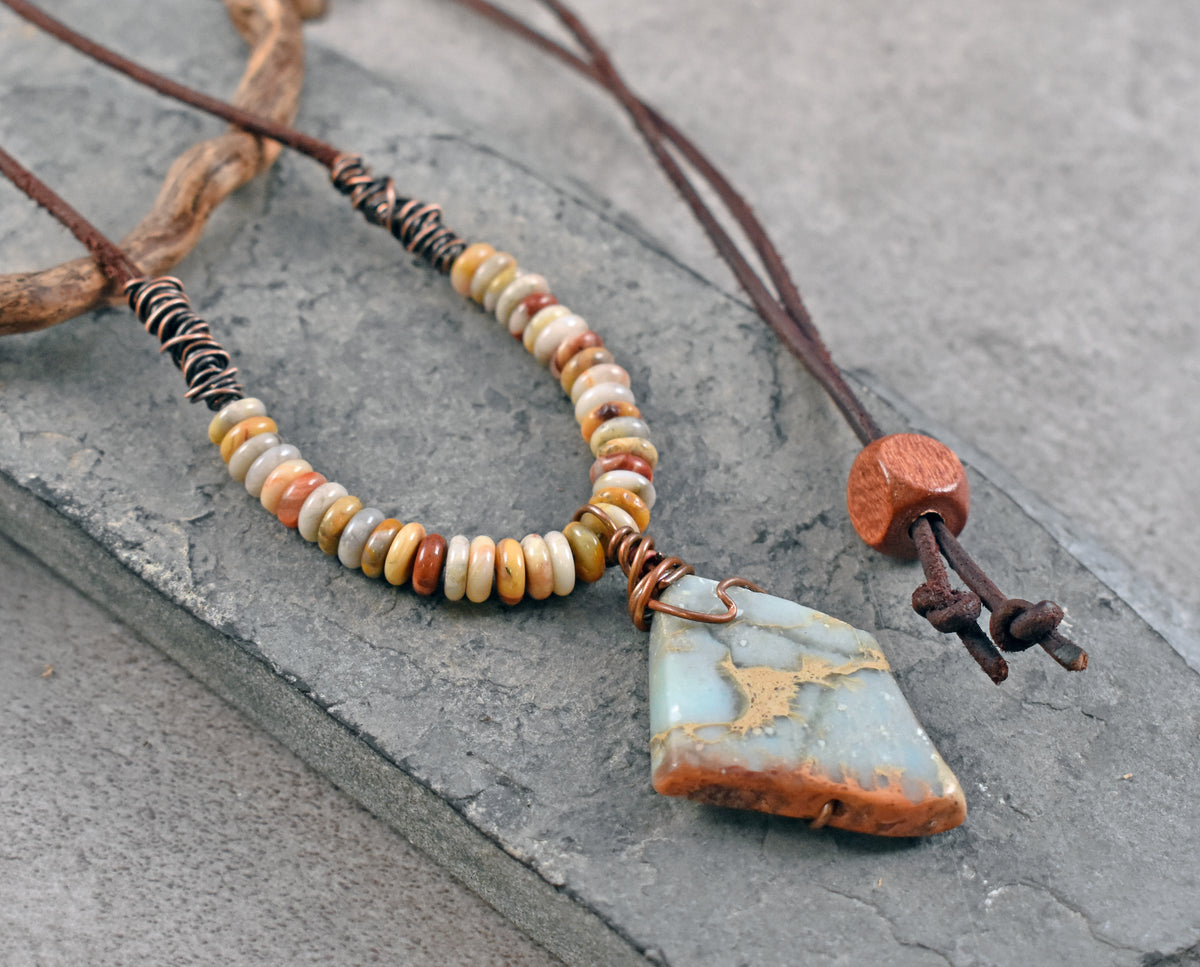 Impression Jasper, Crazy Lace Agate, Leather and Copper Necklace, Light Blue Stone Pendant, Earthy Unique Artisan Jewelry