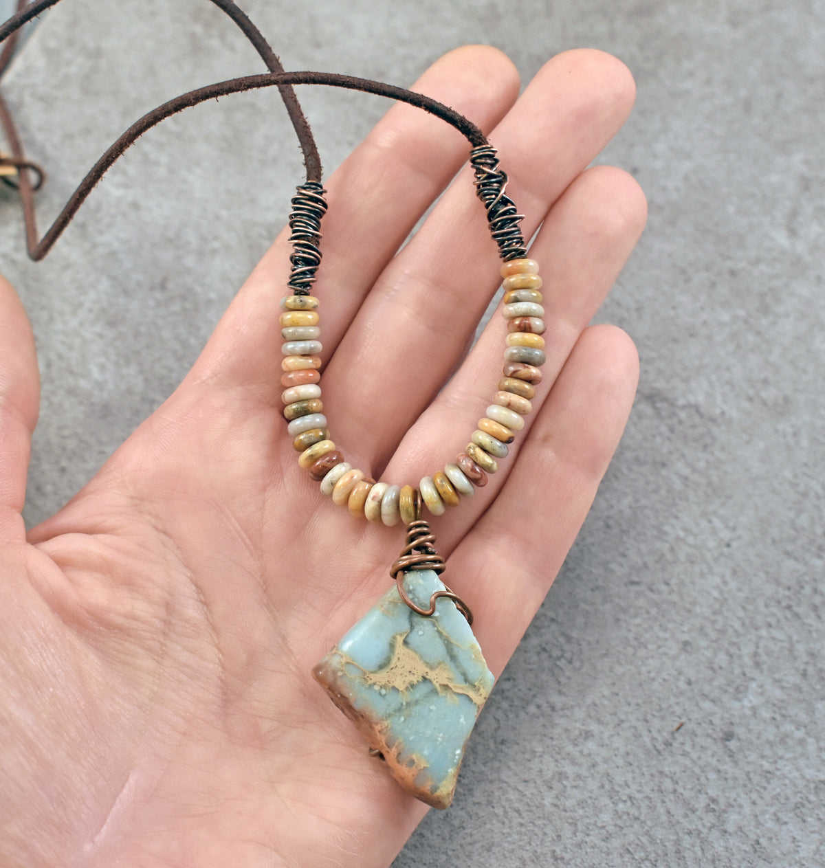 Impression Jasper, Crazy Lace Agate, Leather and Copper Necklace, Light Blue Stone Pendant, Earthy Unique Artisan Jewelry
