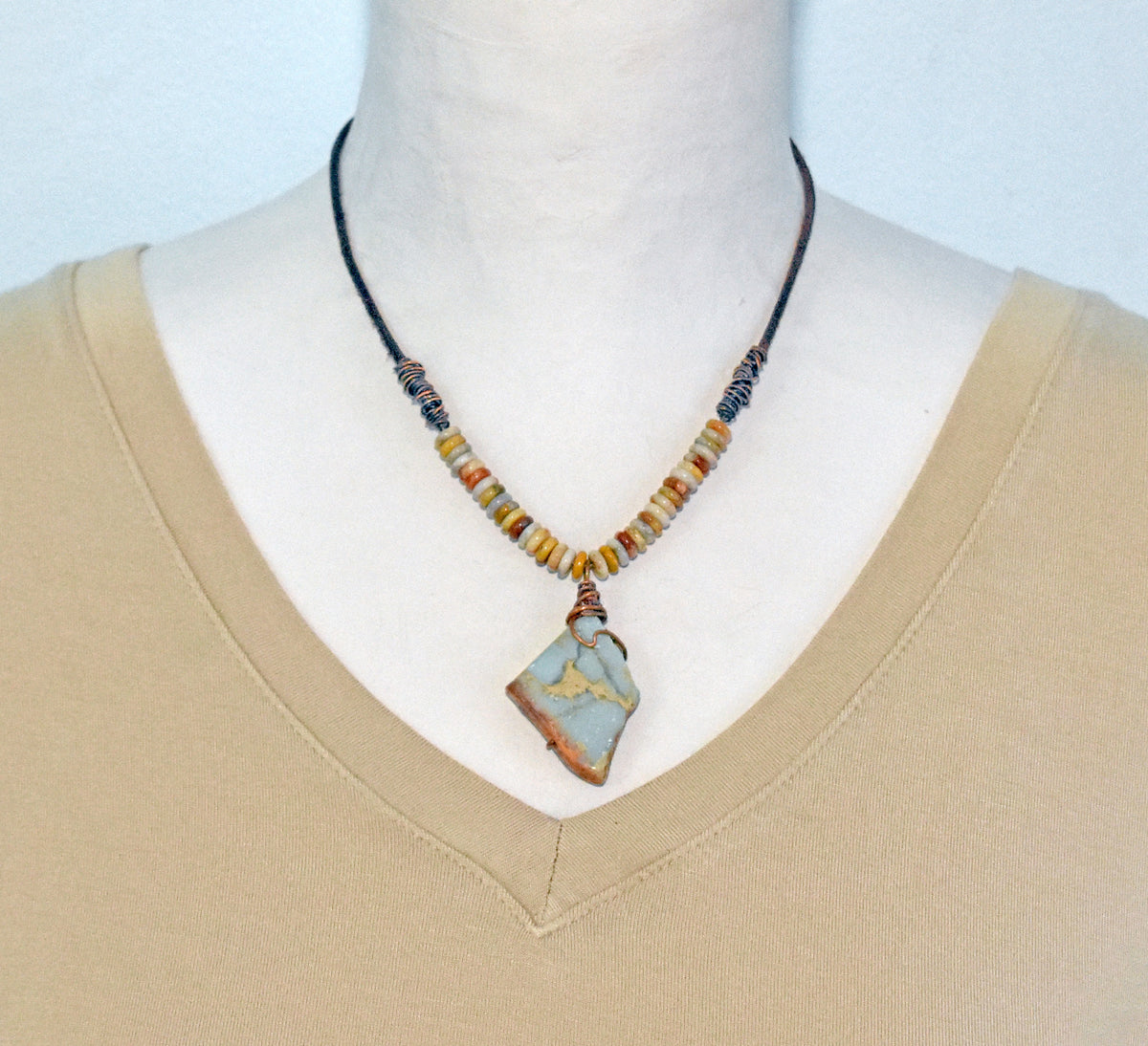 Impression Jasper, Crazy Lace Agate, Leather and Copper Necklace, Light Blue Stone Pendant, Earthy Unique Artisan Jewelry
