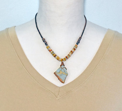 Impression Jasper, Crazy Lace Agate, Leather and Copper Necklace, Light Blue Stone Pendant, Earthy Unique Artisan Jewelry