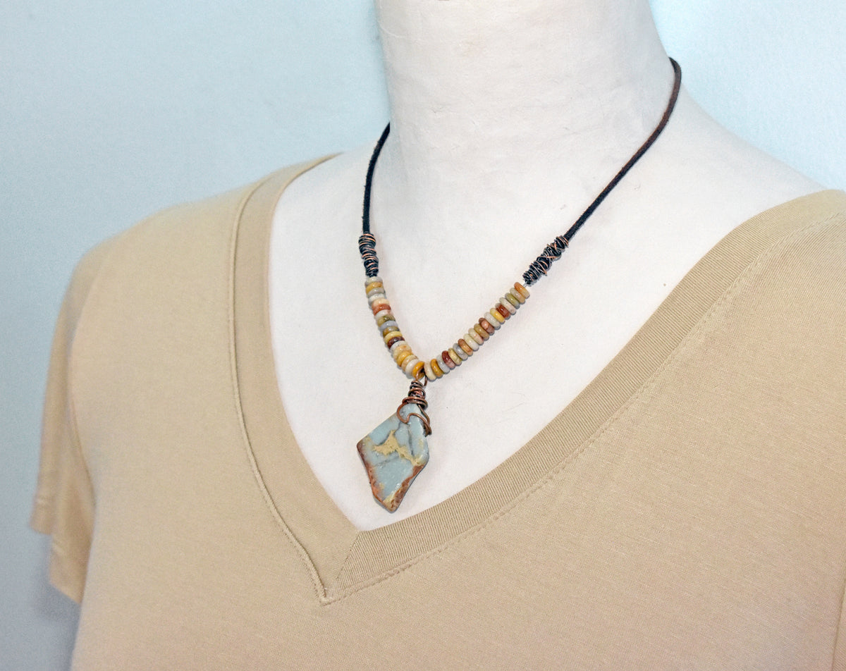 Impression Jasper, Crazy Lace Agate, Leather and Copper Necklace, Light Blue Stone Pendant, Earthy Unique Artisan Jewelry