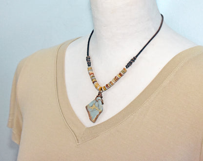 Impression Jasper, Crazy Lace Agate, Leather and Copper Necklace, Light Blue Stone Pendant, Earthy Unique Artisan Jewelry