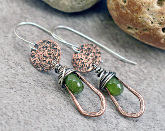 Artisan Jade Earrings, Rustic Green Stone Dangles, Unique Copper Jewelry Handmade, Sterling Silver Ear Wires