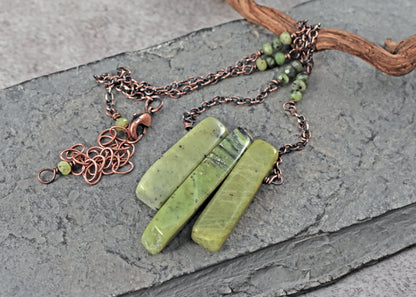 Canadian Jade and Copper Necklace, Natural Green Stone, Oxidized Wire Handmade Jewelry