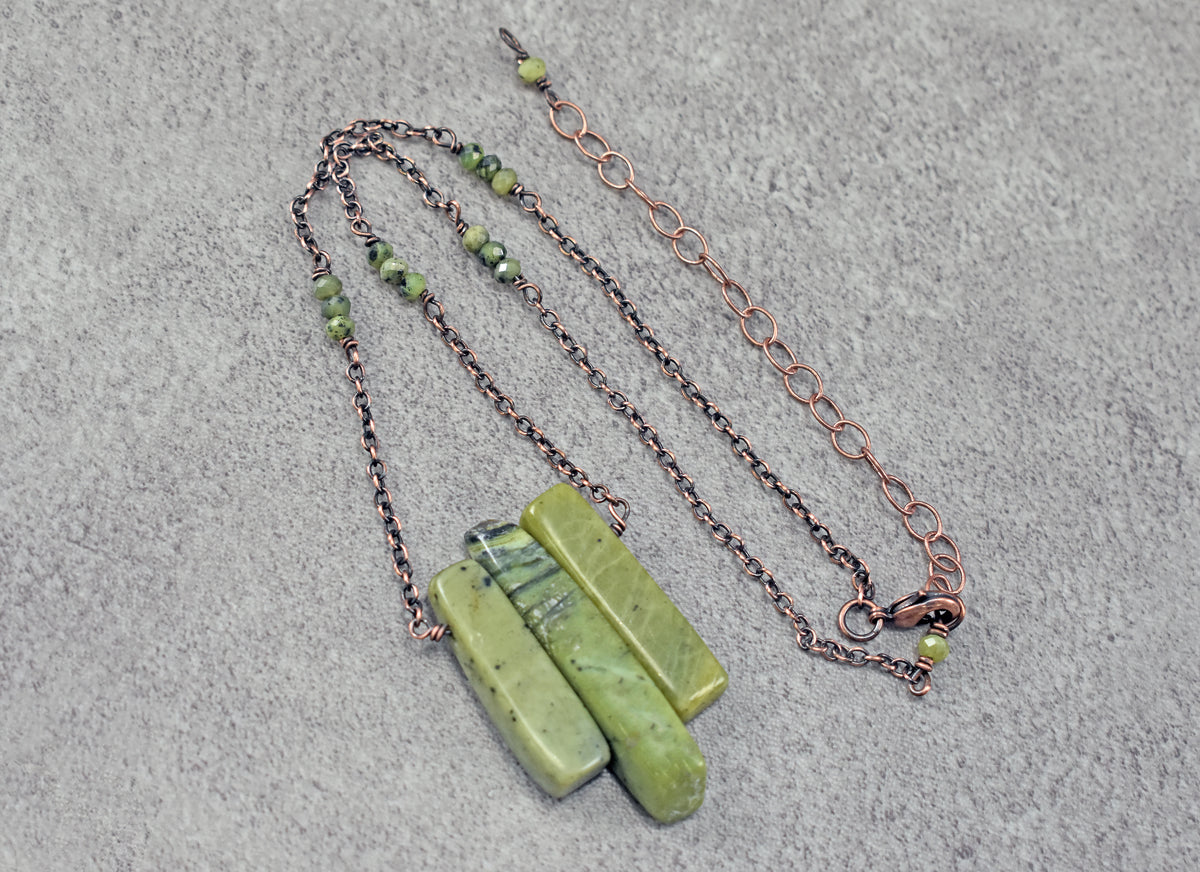 Canadian Jade and Copper Necklace, Natural Green Stone, Oxidized Wire Handmade Jewelry