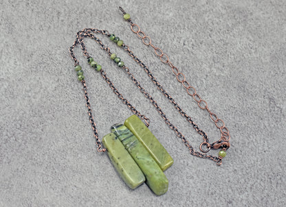 Canadian Jade and Copper Necklace, Natural Green Stone, Oxidized Wire Handmade Jewelry