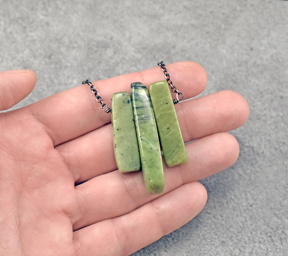 Canadian Jade and Copper Necklace, Natural Green Stone, Oxidized Wire Handmade Jewelry