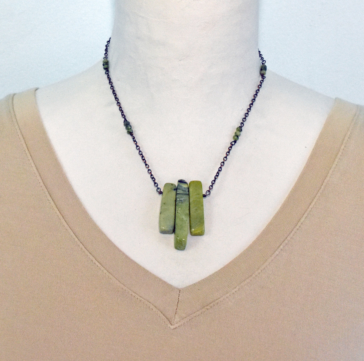 Canadian Jade and Copper Necklace, Natural Green Stone, Oxidized Wire Handmade Jewelry