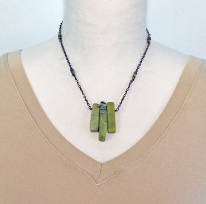 Canadian Jade and Copper Necklace, Natural Green Stone, Oxidized Wire Handmade Jewelry