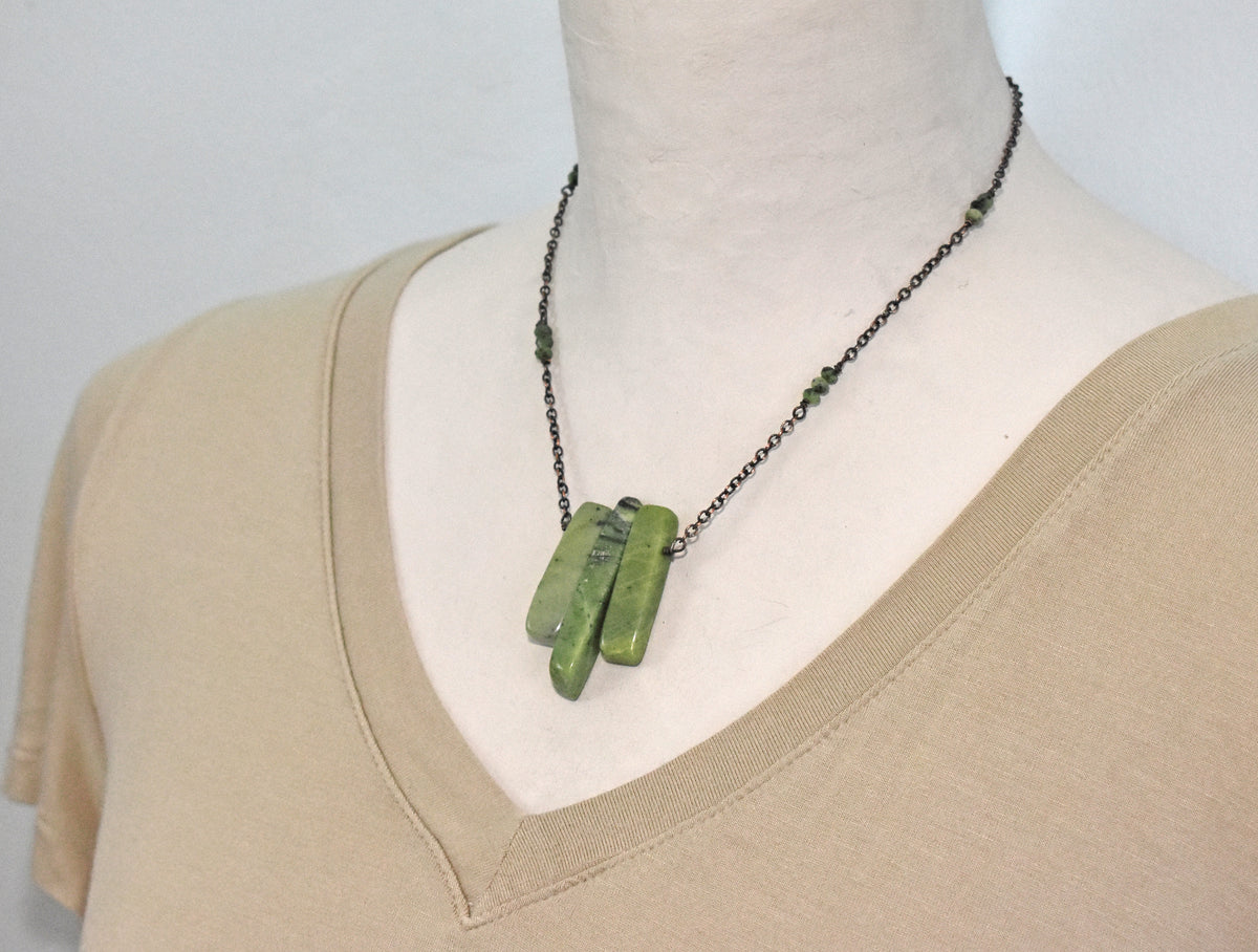 Canadian Jade and Copper Necklace, Natural Green Stone, Oxidized Wire Handmade Jewelry