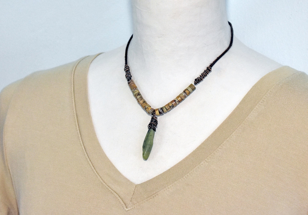 Jade, Jasper, Leather and Copper Necklace, Natural Green Stone Pendant, Earthy Rustic Handmade Jewelry