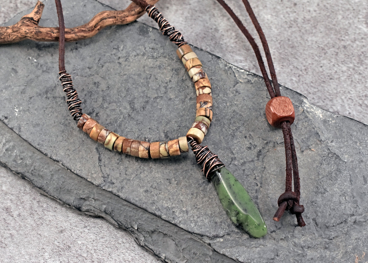 Jade, Jasper, Leather and Copper Necklace, Natural Green Stone Pendant, Earthy Rustic Handmade Jewelry