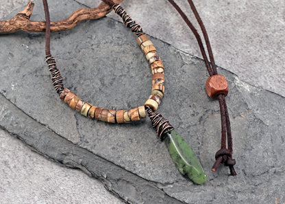 Jade, Jasper, Leather and Copper Necklace, Natural Green Stone Pendant, Earthy Rustic Handmade Jewelry