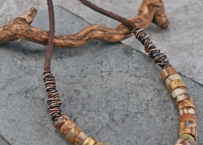 Jade, Jasper, Leather and Copper Necklace, Natural Green Stone Pendant, Earthy Rustic Handmade Jewelry