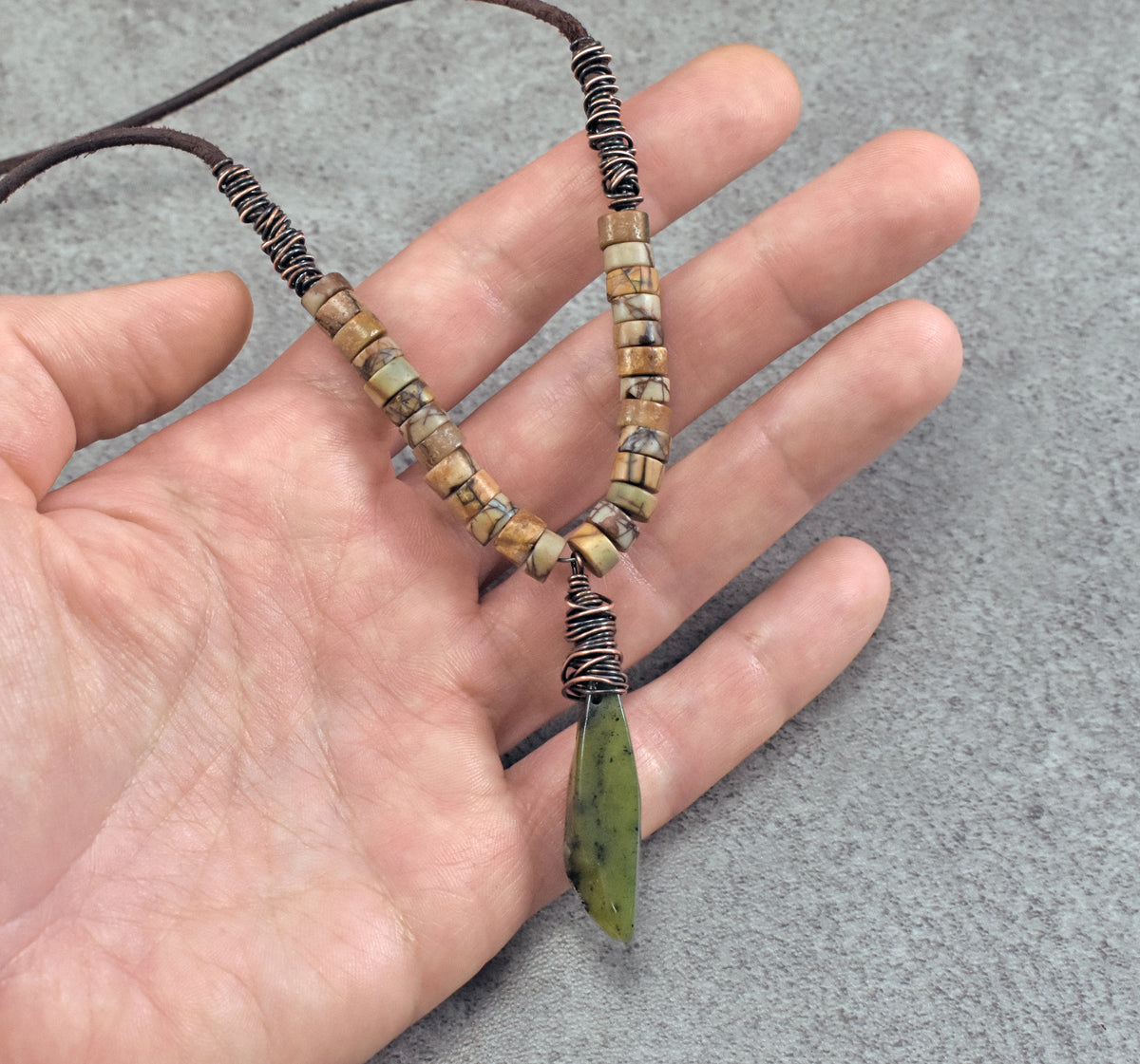 Jade, Jasper, Leather and Copper Necklace, Natural Green Stone Pendant, Earthy Rustic Handmade Jewelry