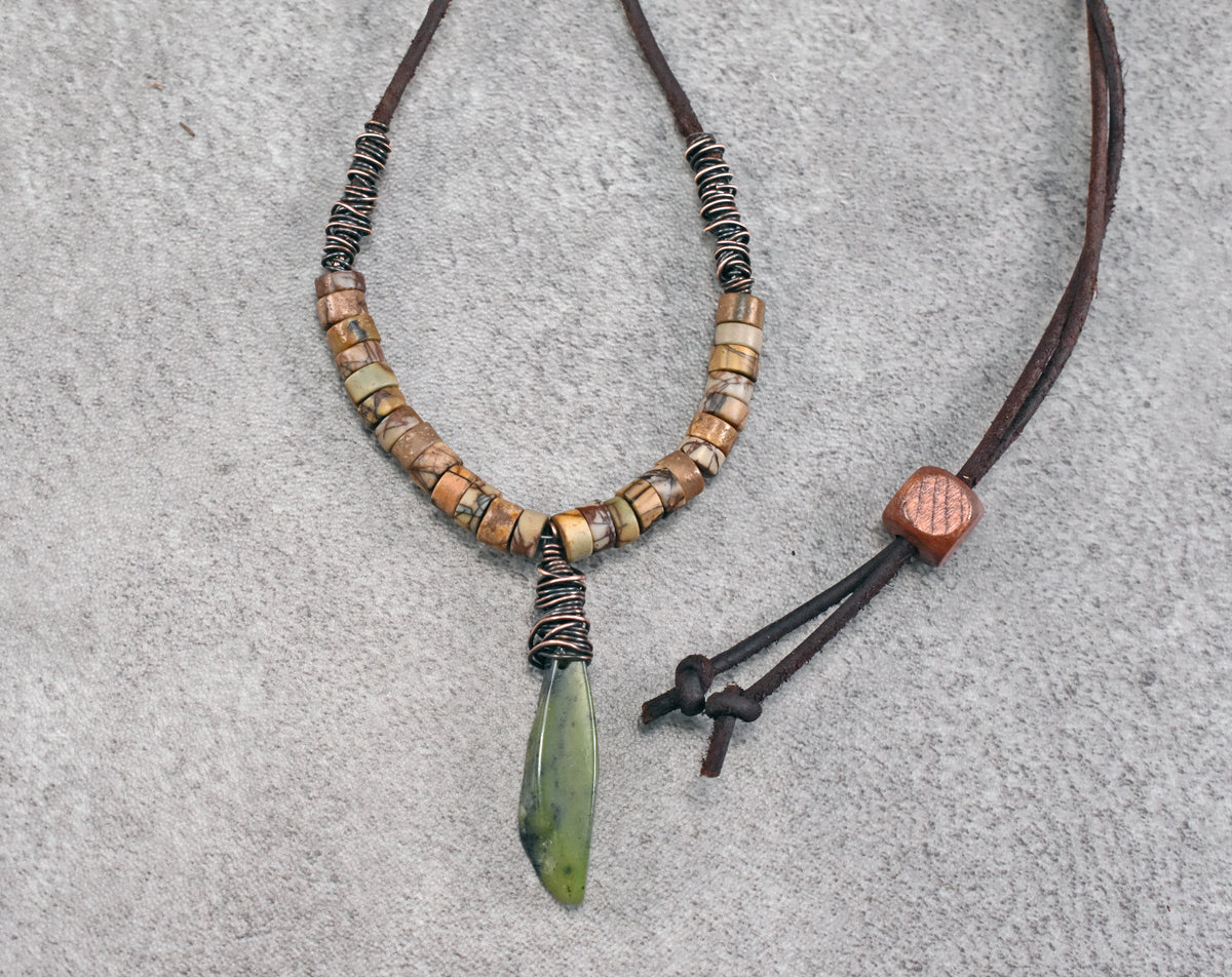 Jade, Jasper, Leather and Copper Necklace, Natural Green Stone Pendant, Earthy Rustic Handmade Jewelry
